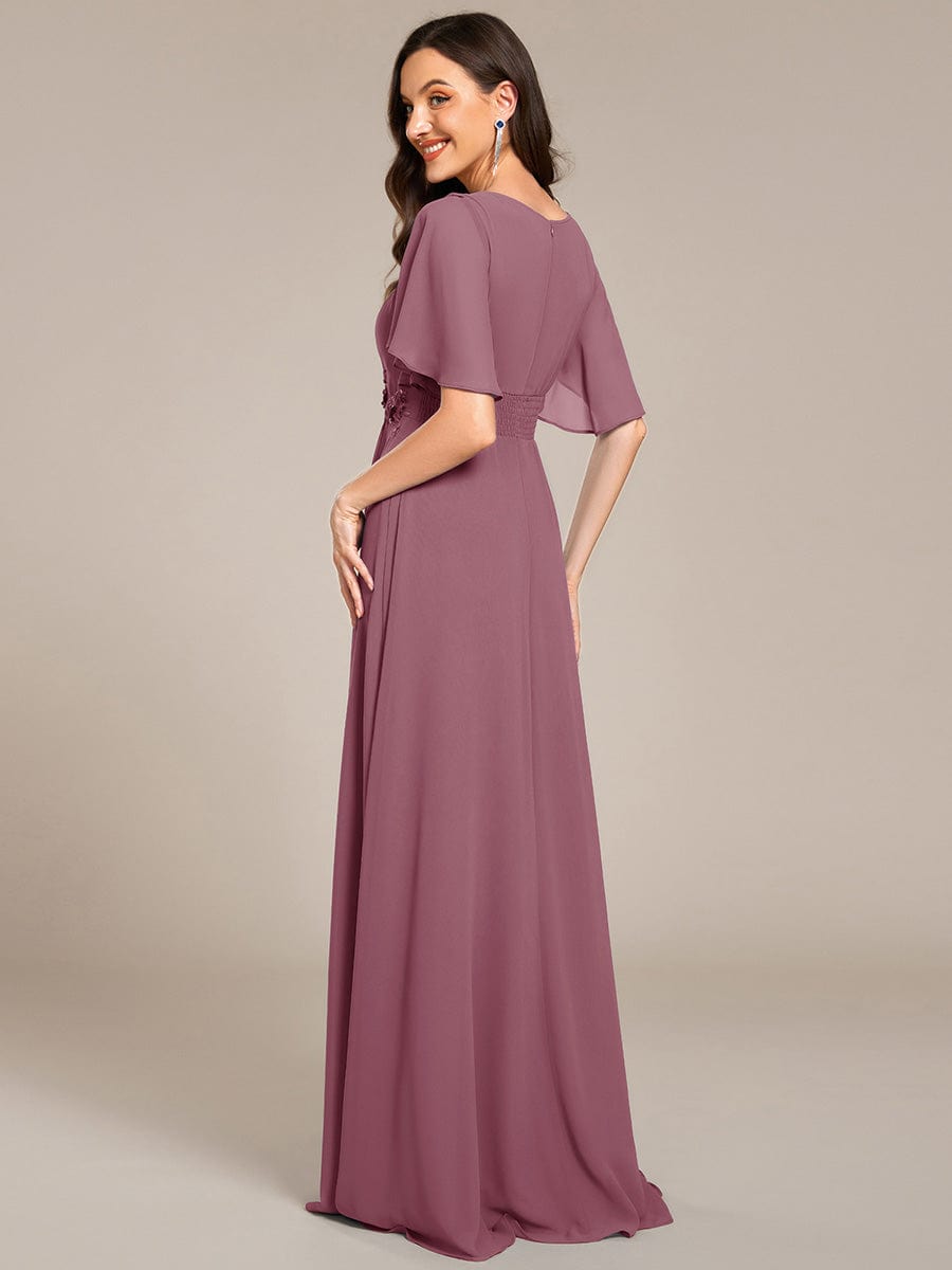 Short Sleeve Pleated Applique A-Line Floor-Length Formal Evening Dress #color_Purple Orchid