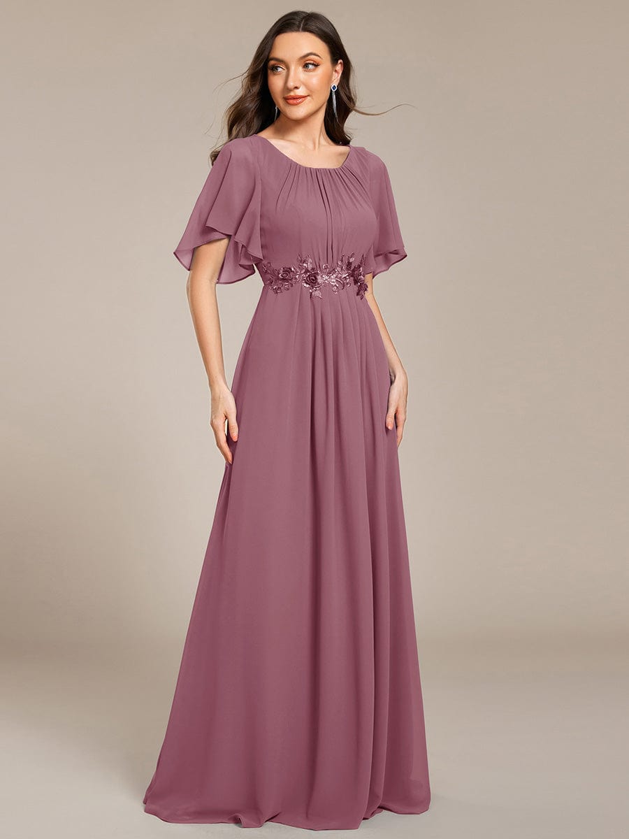 Short Sleeve Pleated Applique A-Line Floor-Length Formal Evening Dress #color_Purple Orchid