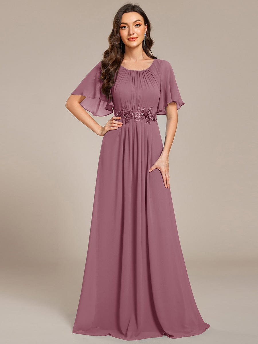 Short Sleeve Pleated Applique A-Line Floor-Length Formal Evening Dress #color_Purple Orchid