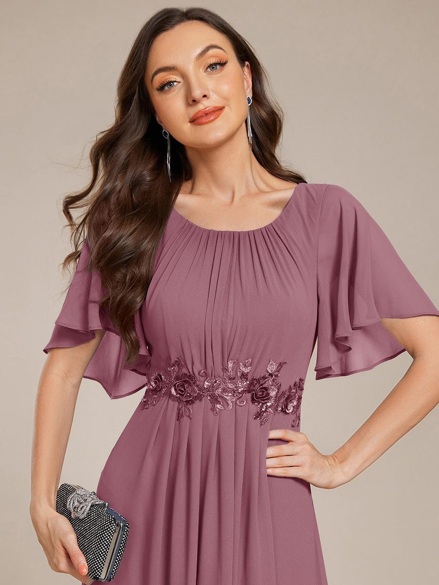 Short Sleeve Pleated Applique A-Line Floor-Length Formal Evening Dress #color_Purple Orchid
