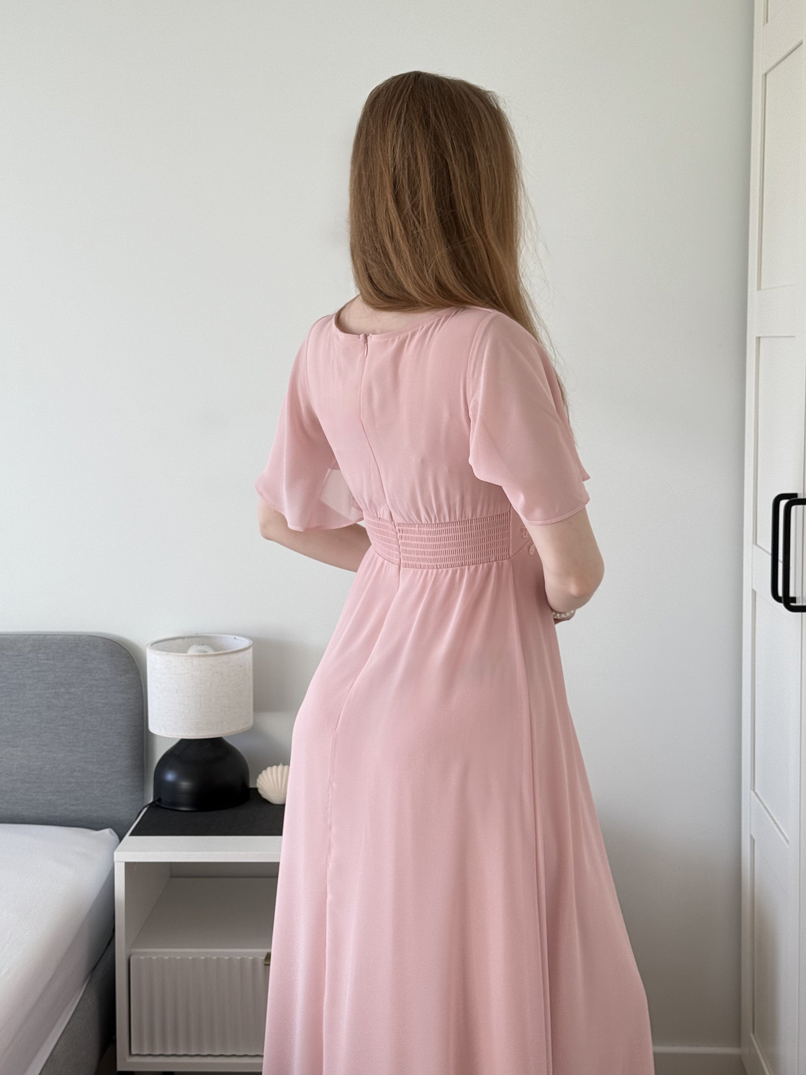 Pleated Applique Maxi Bridesmaid Dress #color_Pink