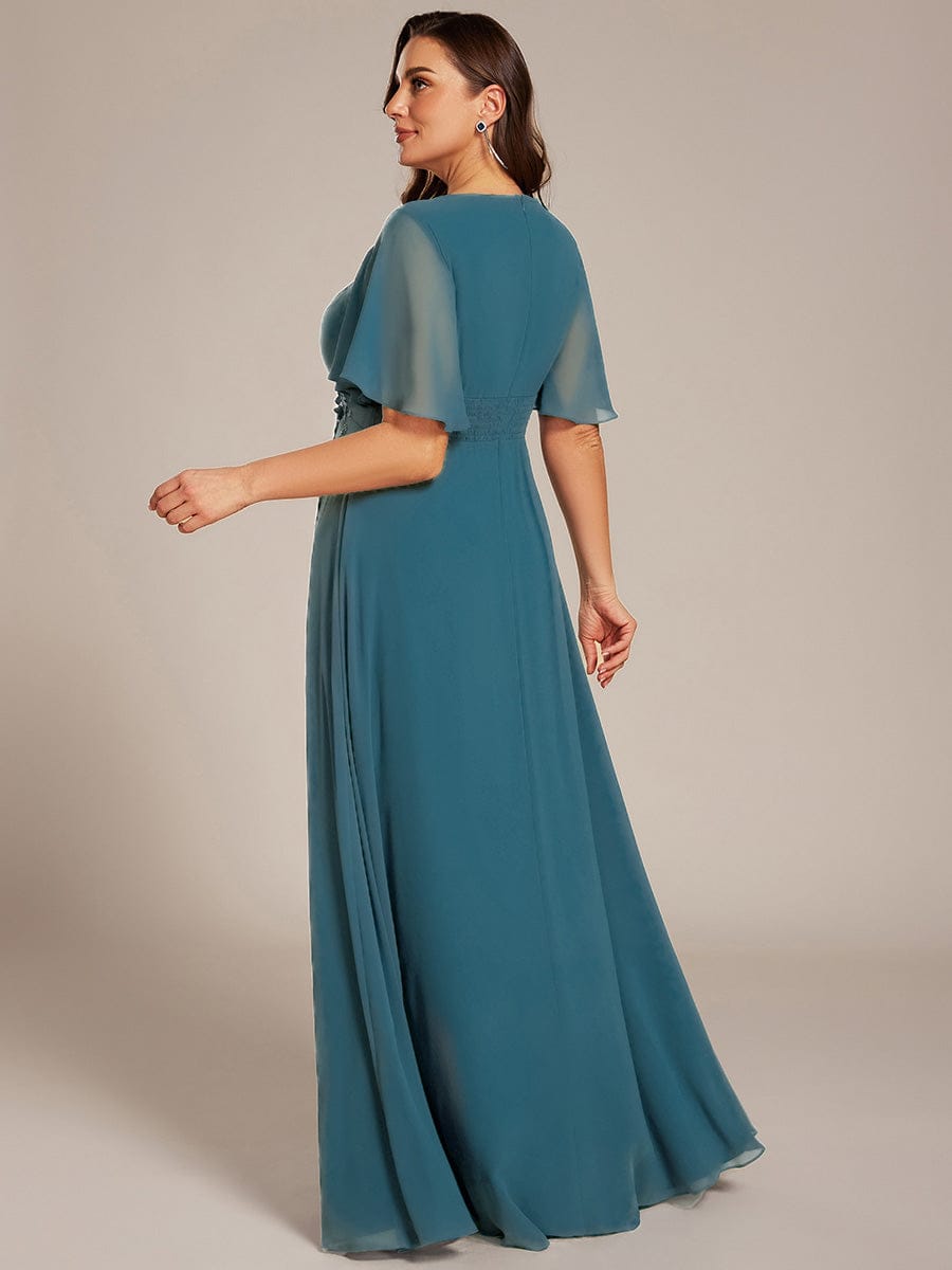 Pleated Applique Maxi Bridesmaid Dress #color_Teal