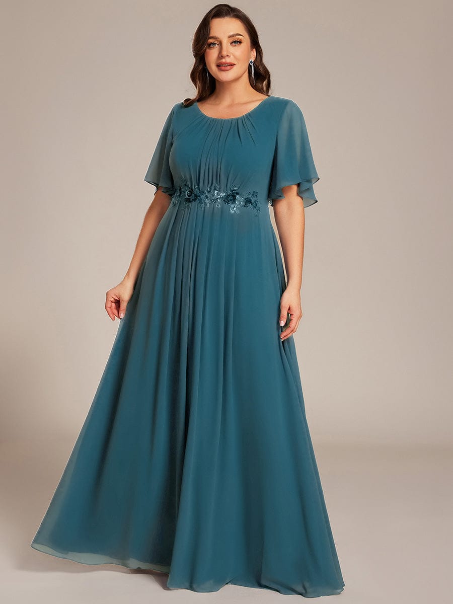Plus Size Pleated Waist Applique Chiffon Maxi Formal Dress #color_Teal