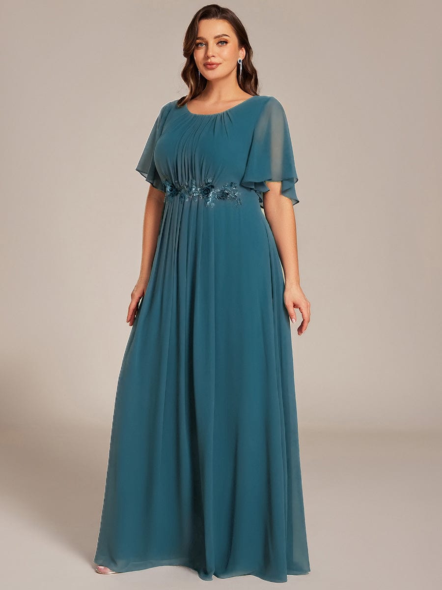 Plus Size Pleated Waist Applique Chiffon Maxi Formal Dress #color_Teal
