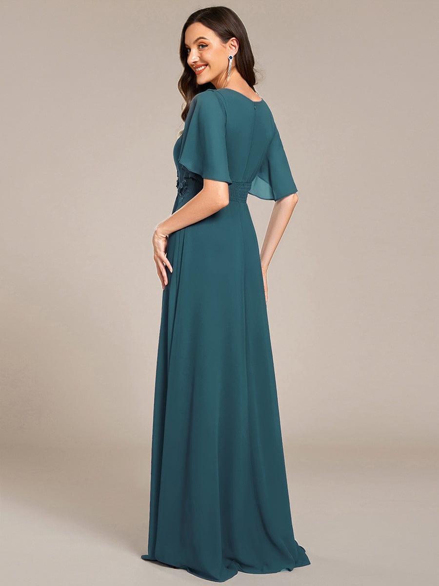 Pleated Applique Maxi Bridesmaid Dress #color_Teal