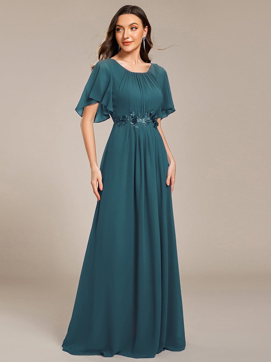 Pleated Applique Maxi Bridesmaid Dress #color_Teal