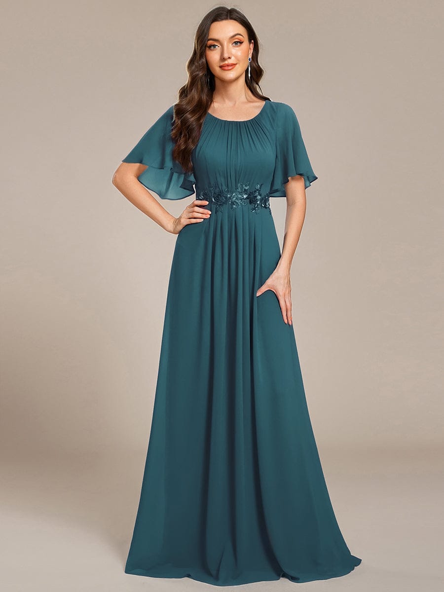 Pleated Applique Maxi Bridesmaid Dress #color_Teal