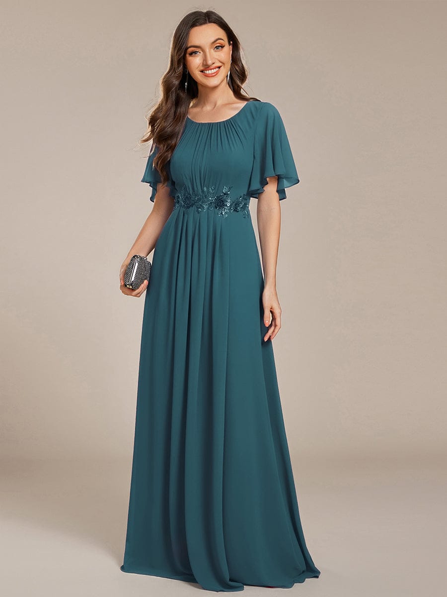 Pleated Applique Maxi Bridesmaid Dress #color_Teal