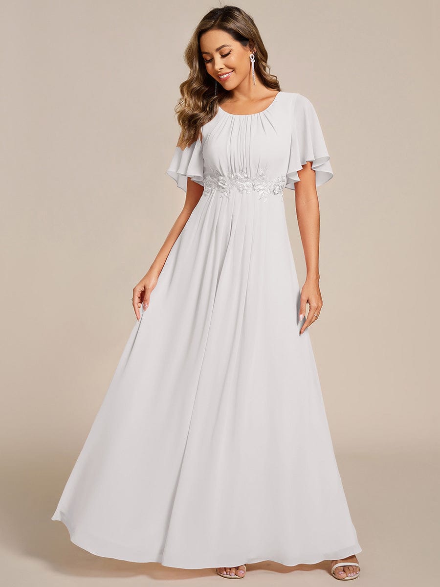 Short Sleeve Pleated Applique A-Line Floor-Length Formal Evening Dress #color_White