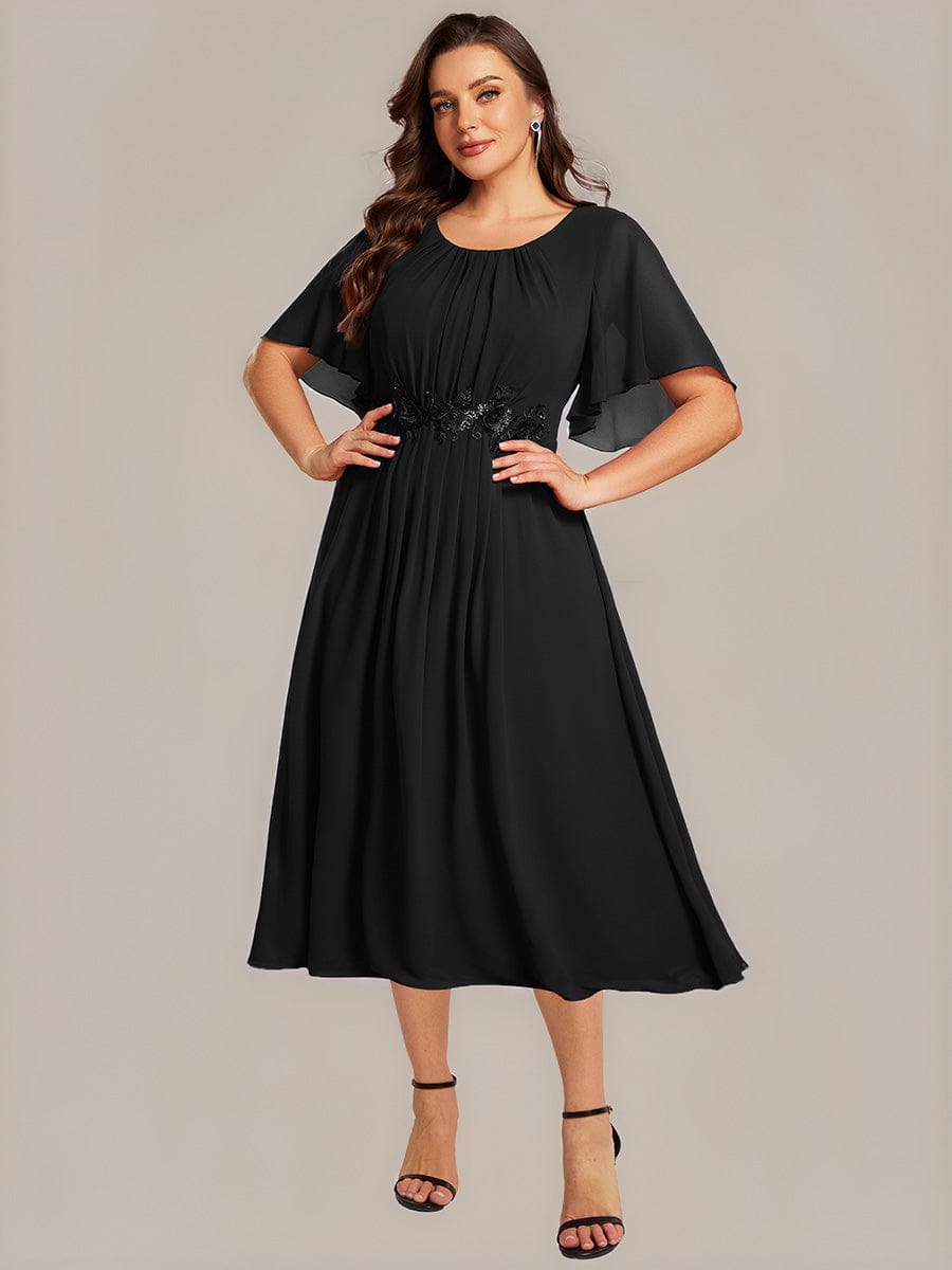 Applique Ruffle Sleeve Mide Dress #color_Black