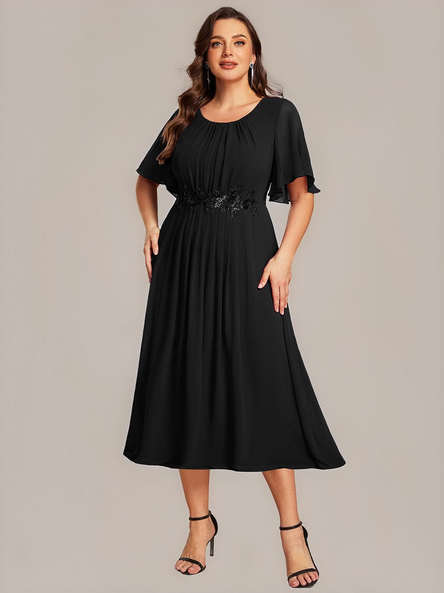 Applique Ruffle Sleeve Mide Dress #color_Black