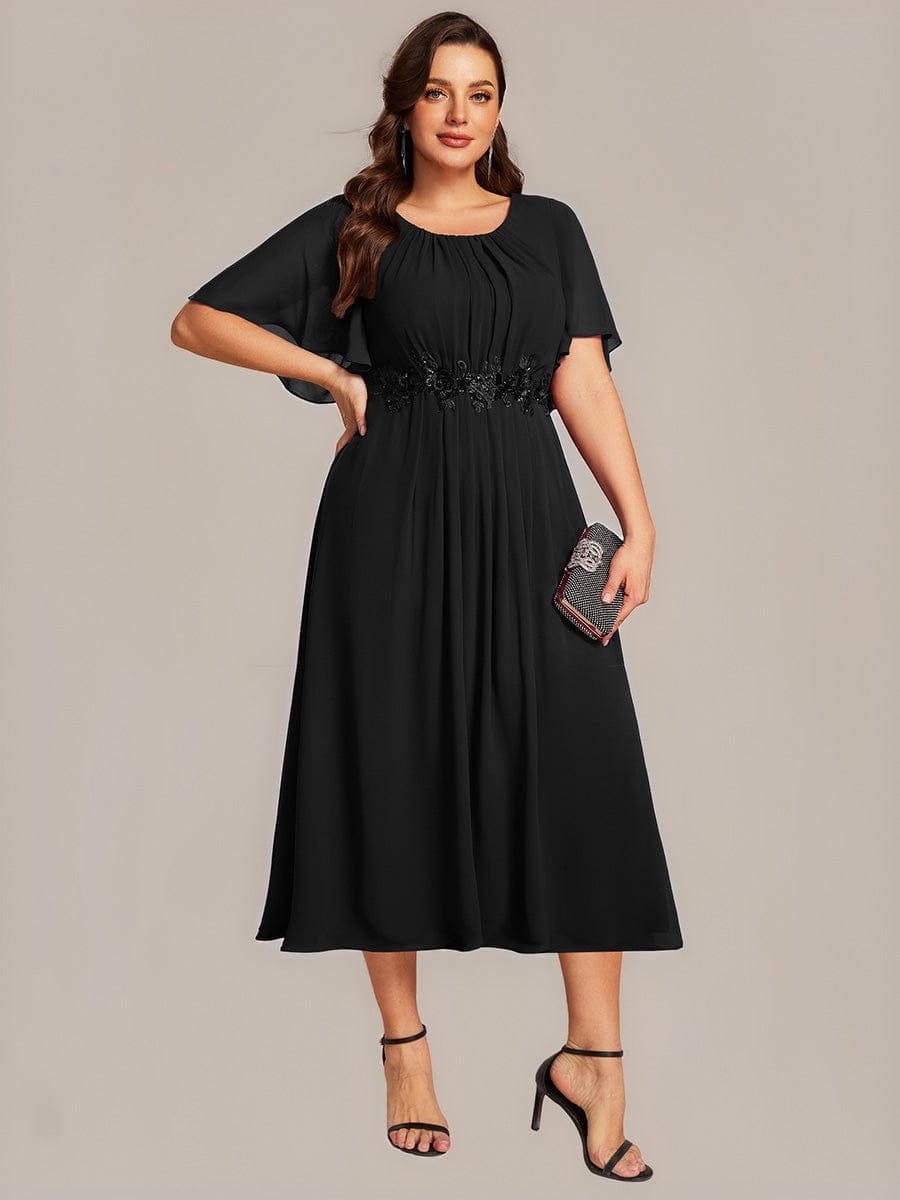 Applique Ruffle Sleeve Mide Dress #color_Black