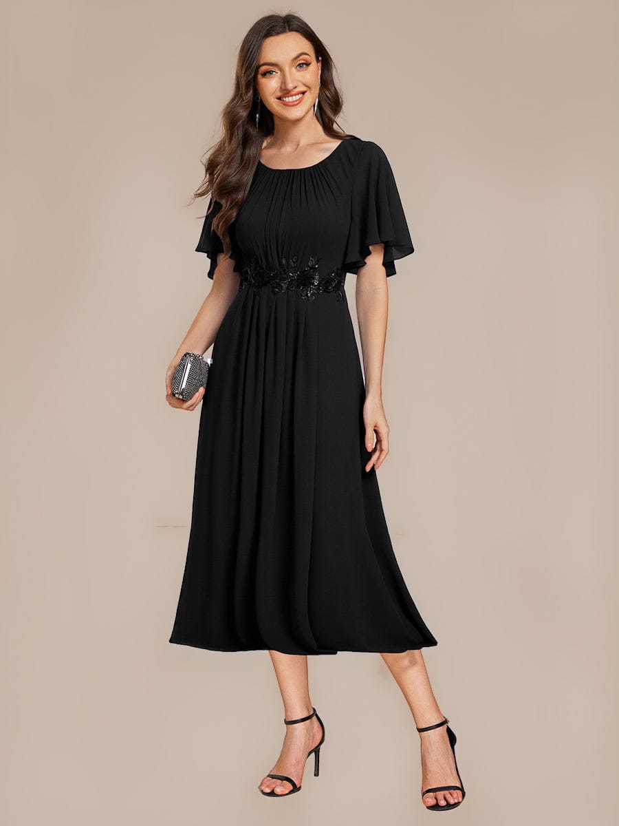 Applique Ruffle Sleeve Mide Dress #color_Black