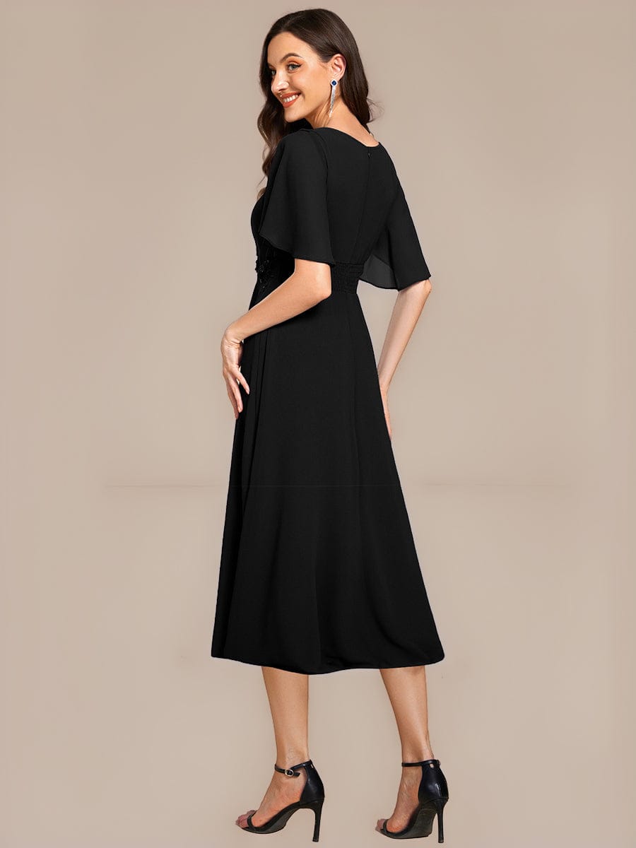 Applique Ruffle Sleeve Mide Dress #color_Black