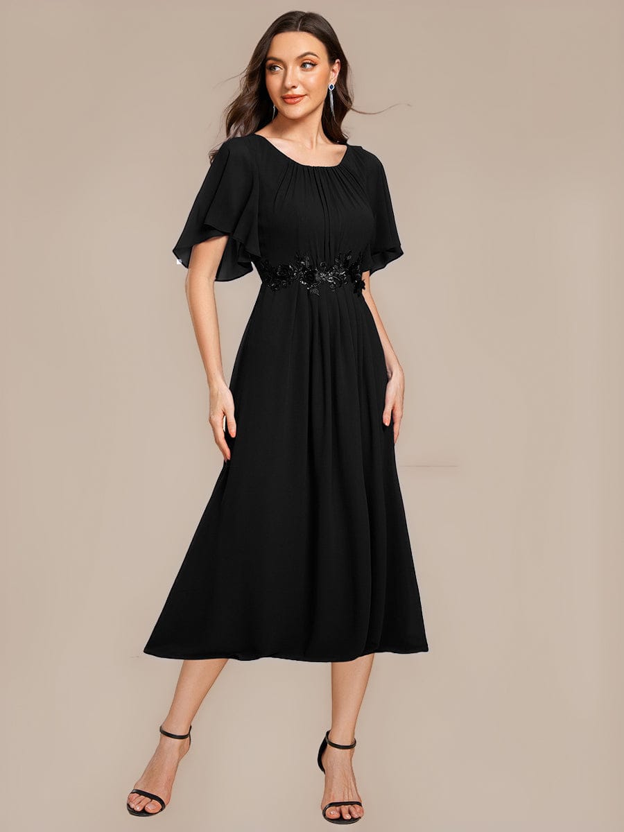 Applique Ruffle Sleeve Mide Dress #color_Black