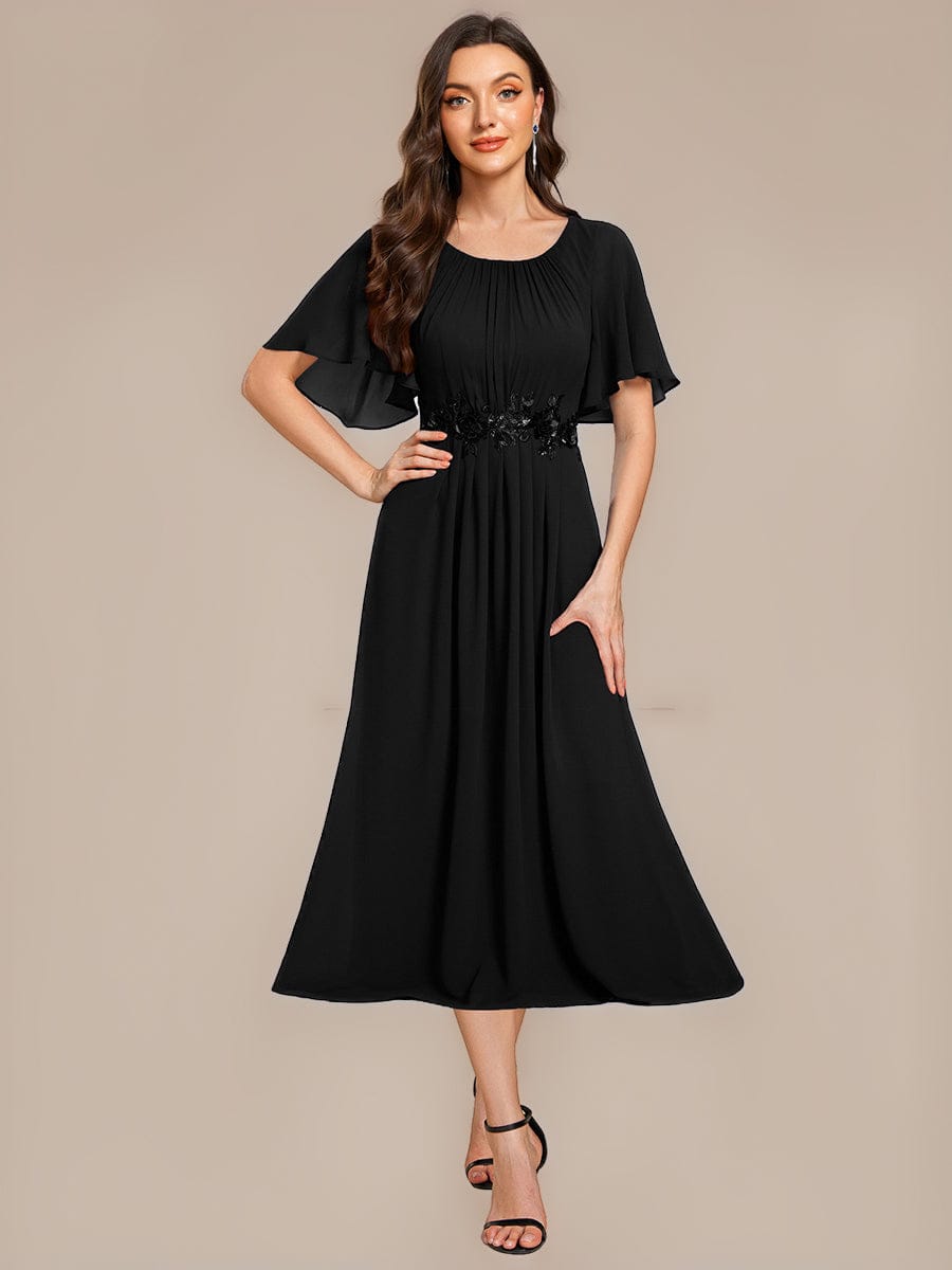Applique Ruffle Sleeve Mide Dress #color_Black