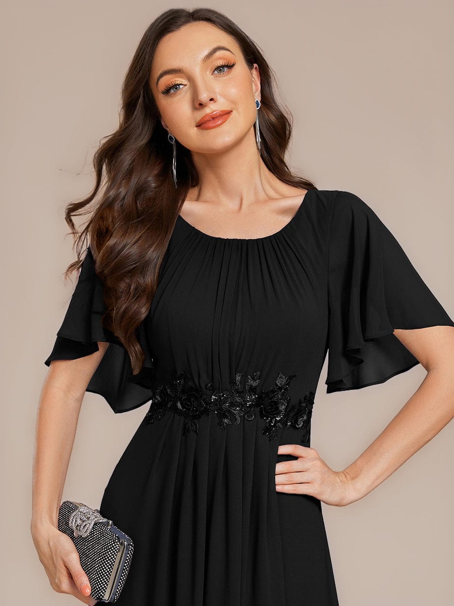 Applique Ruffle Sleeve Mide Dress #color_Black