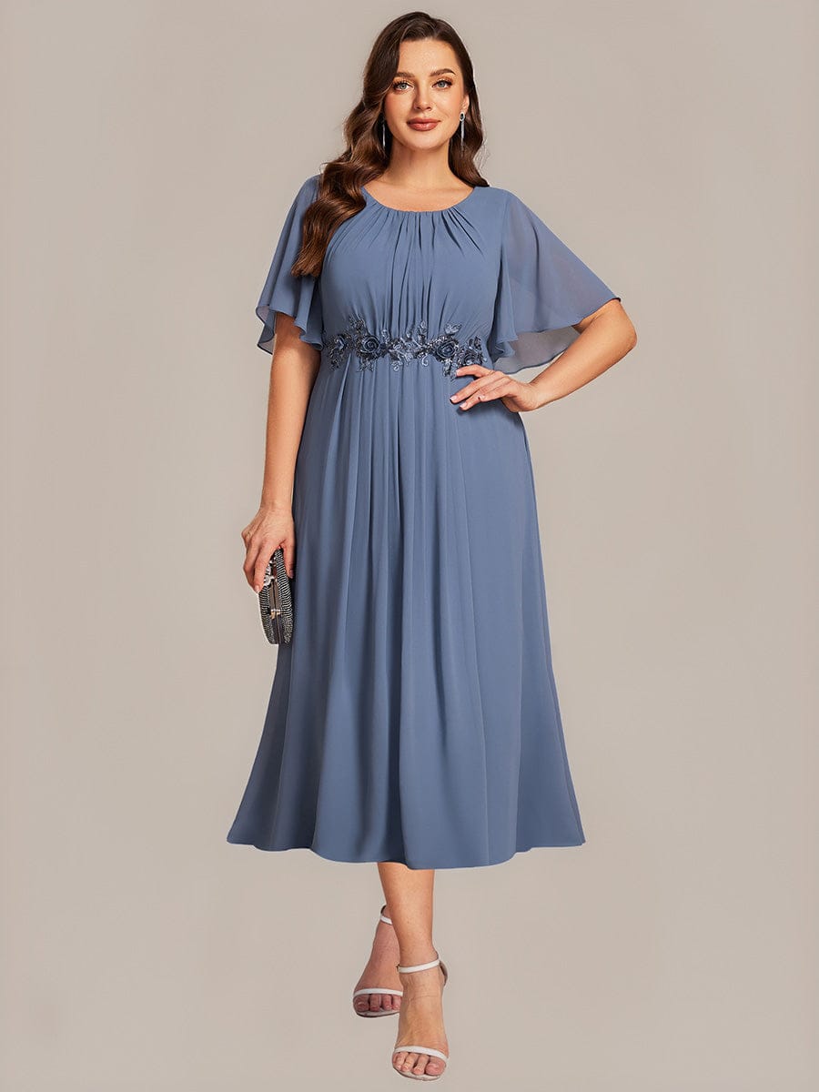 Applique Ruffle Sleeve Mide Dress #color_Dusty Blue