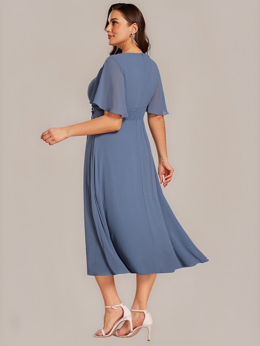 Applique Ruffle Sleeve Mide Dress #color_Dusty Blue