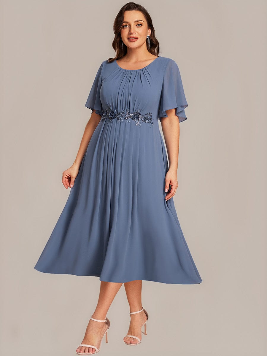Applique Ruffle Sleeve Mide Dress #color_Dusty Blue