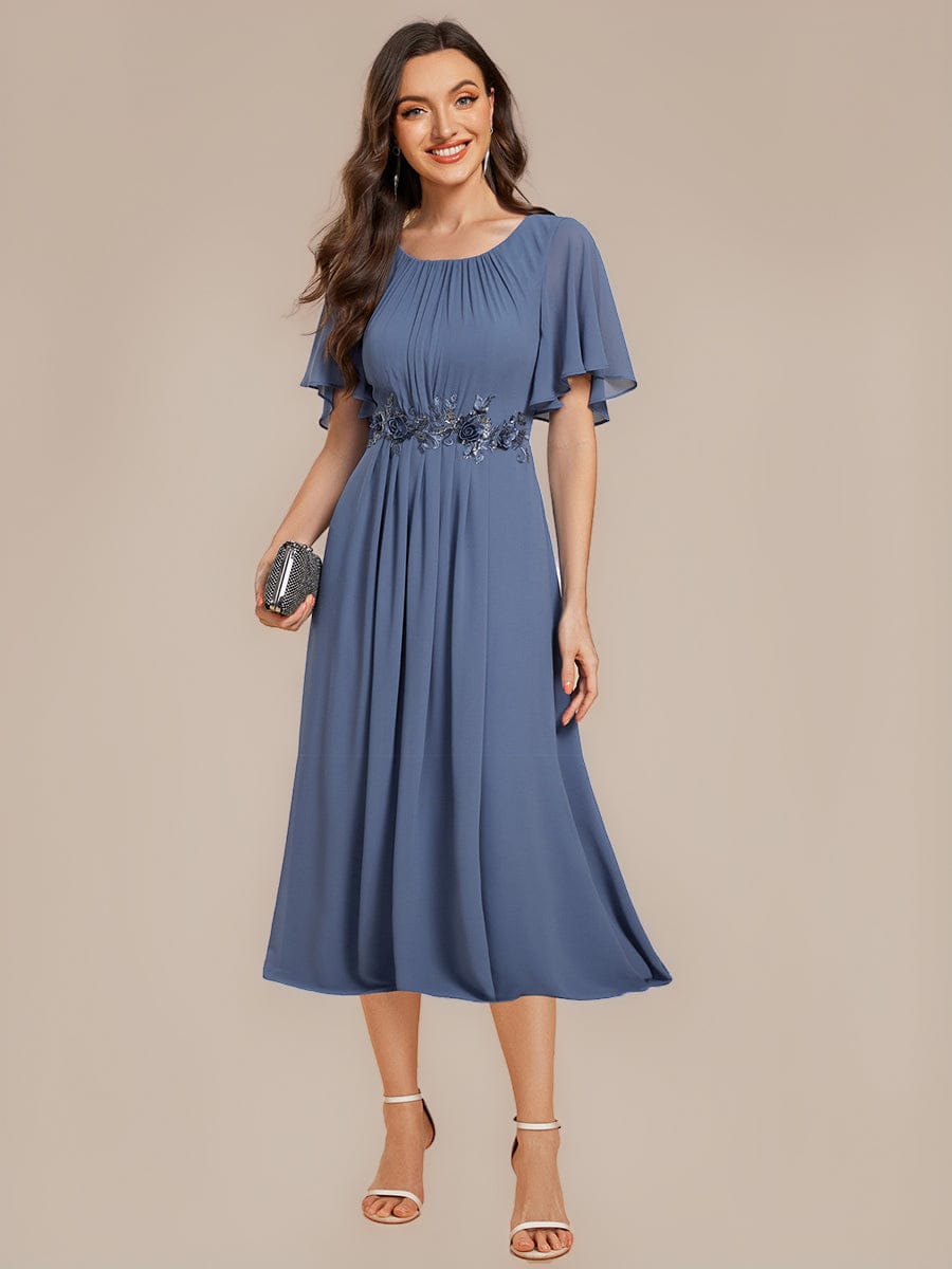 Applique Ruffle Sleeve Mide Dress #color_Dusty Blue