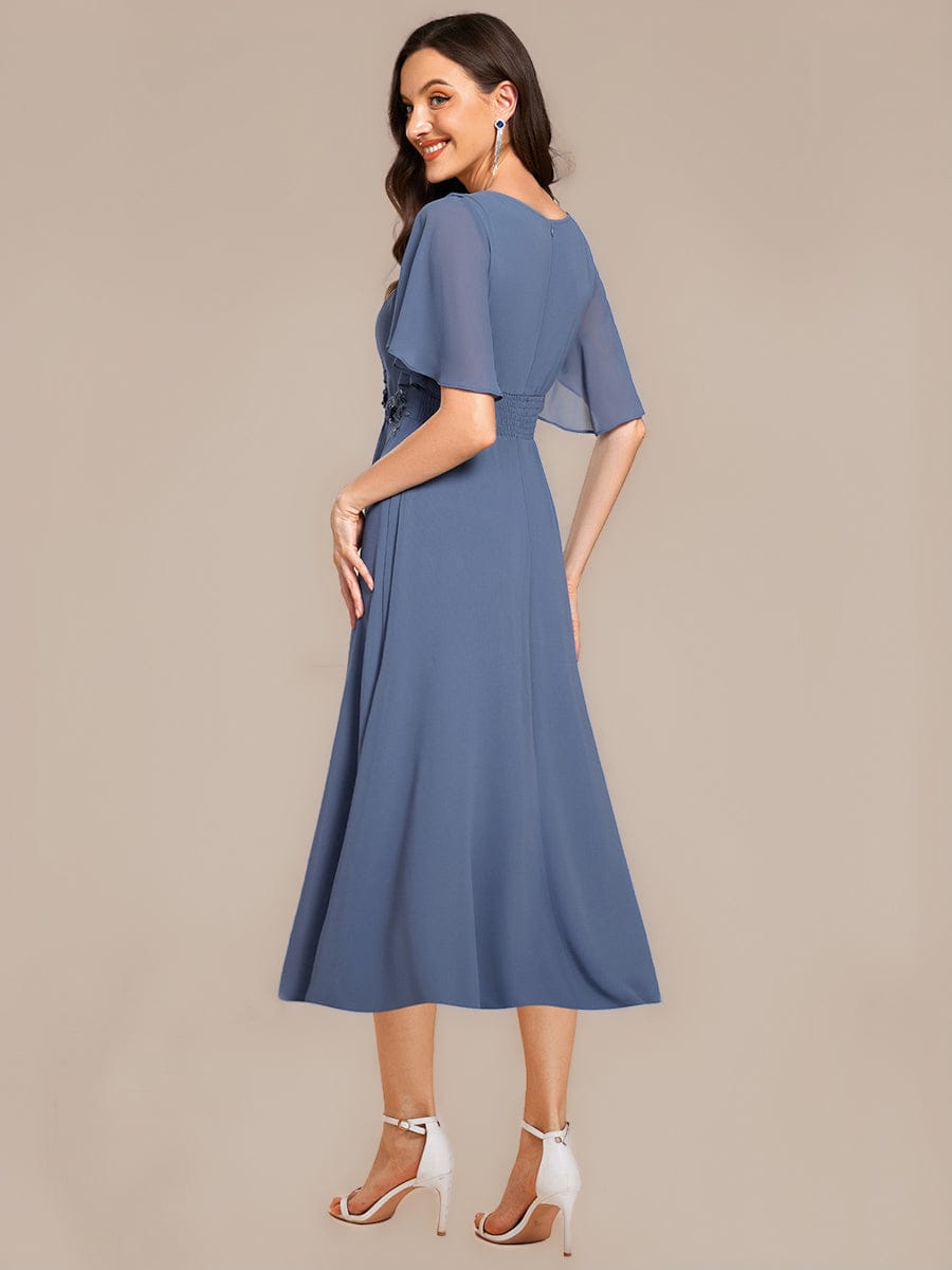 Applique Ruffle Sleeve Mide Dress #color_Dusty Blue