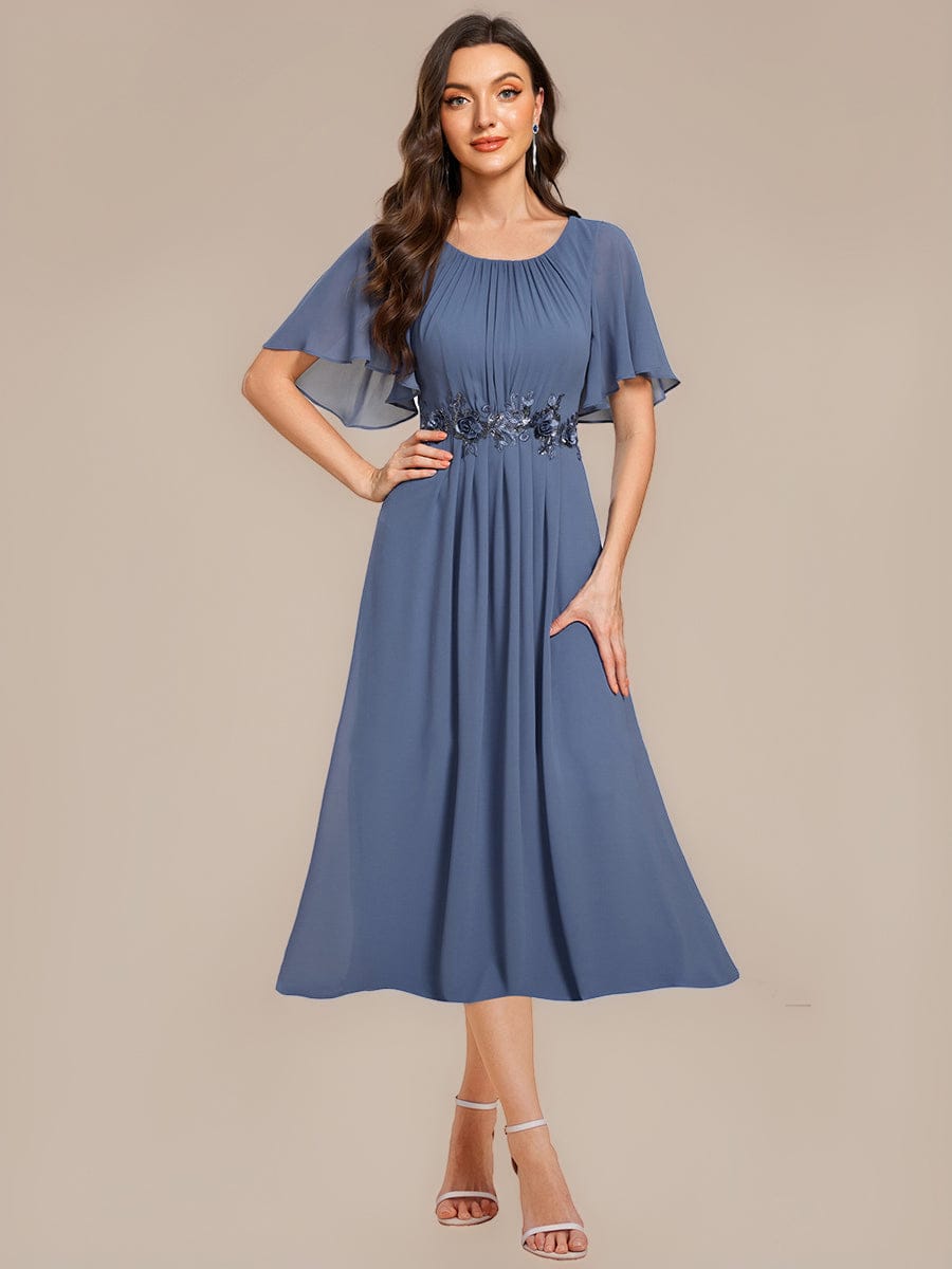 Applique Ruffle Sleeve Mide Dress #color_Dusty Blue