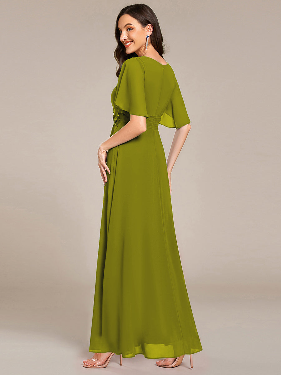 Short Sleeve Pleated Applique A-Line Floor-Length Formal Evening Dress #color_Citron