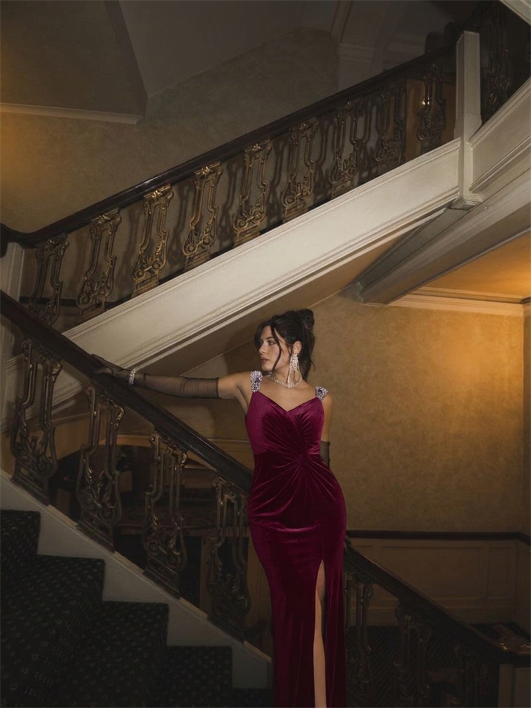 Sequin Velvet Sleeveless Evening Dress #color_Burgundy