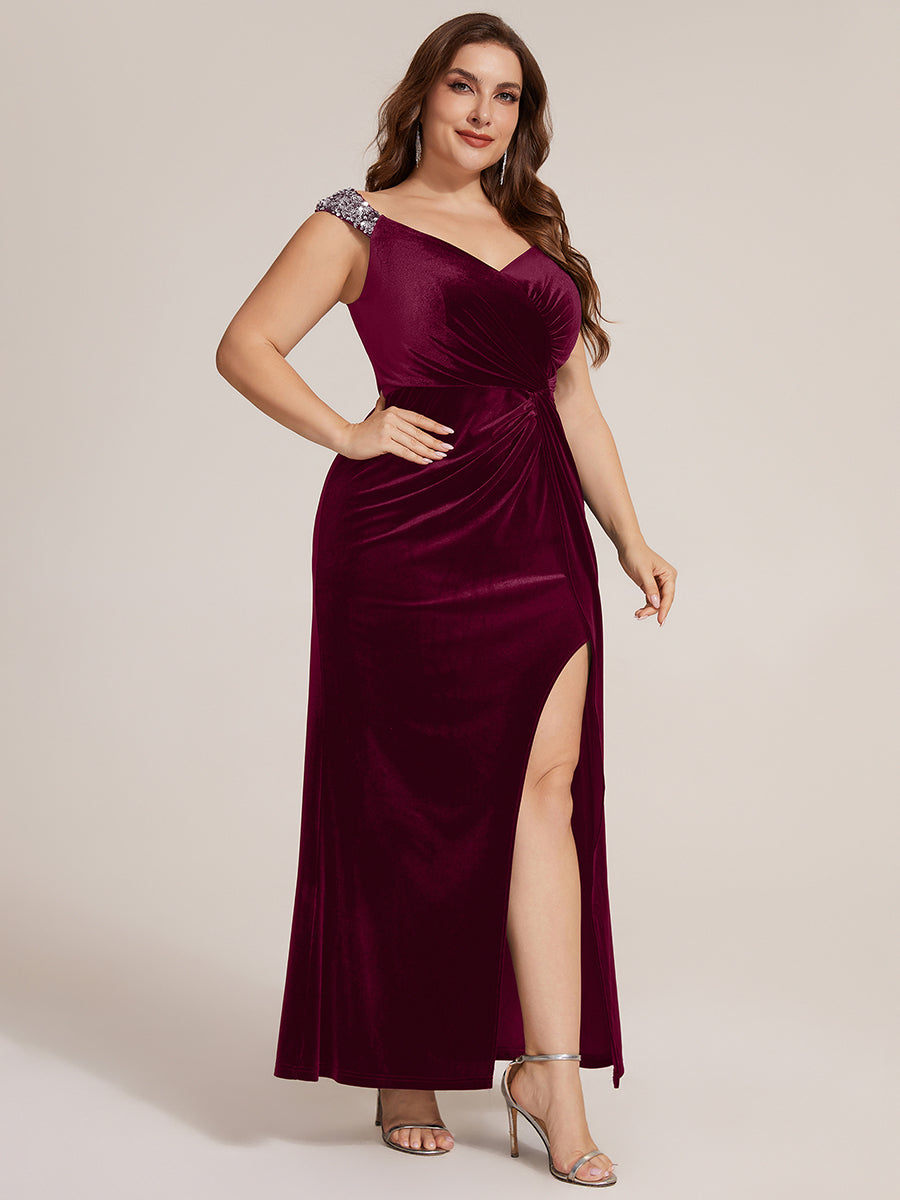 Plus Size Knot Detail Velvet Evening Dress #color_Burgundy