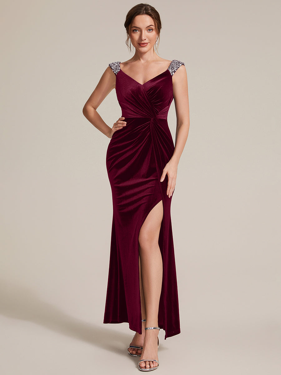 Sequin Velvet Sleeveless Evening Dress #color_Burgundy