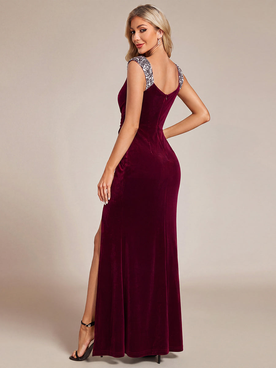 Sequin Velvet Sleeveless Evening Dress #color_Burgundy
