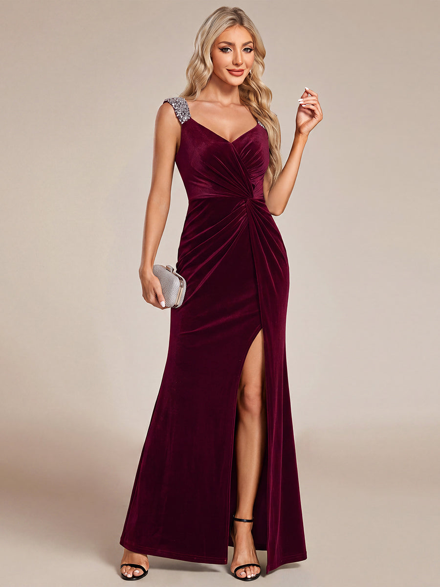 Sequin Velvet Sleeveless Evening Dress #color_Burgundy