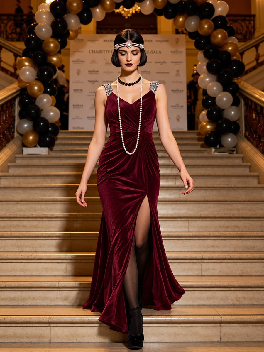 Sequin Velvet Sleeveless Evening Dress #color_Burgundy