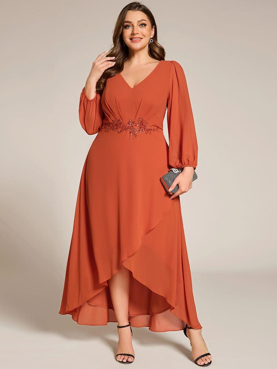 Plus Size V-Neck Long Sleeves Chiffon Formal Evening Dress with Applique #color_Burnt Orange