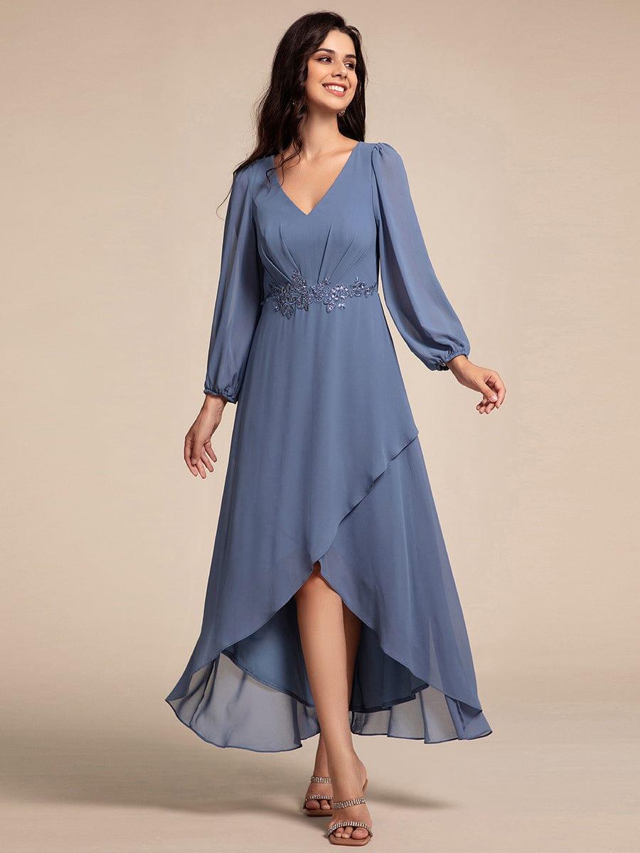 Long Lantern Sleeves Waist Applique Chiffon Formal Evening Dress #color_Dusty Blue