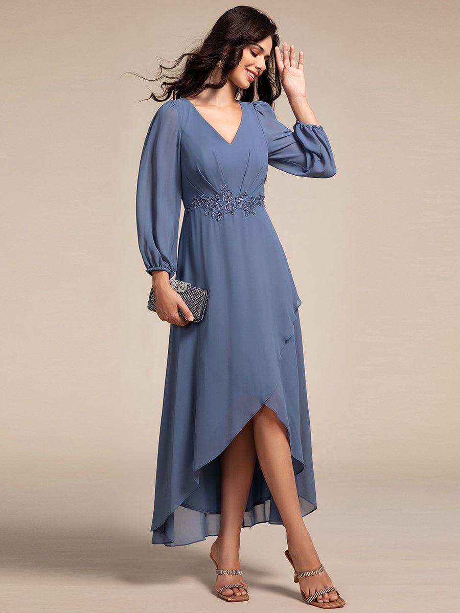 Long Lantern Sleeves Waist Applique Chiffon Formal Evening Dress #color_Dusty Blue