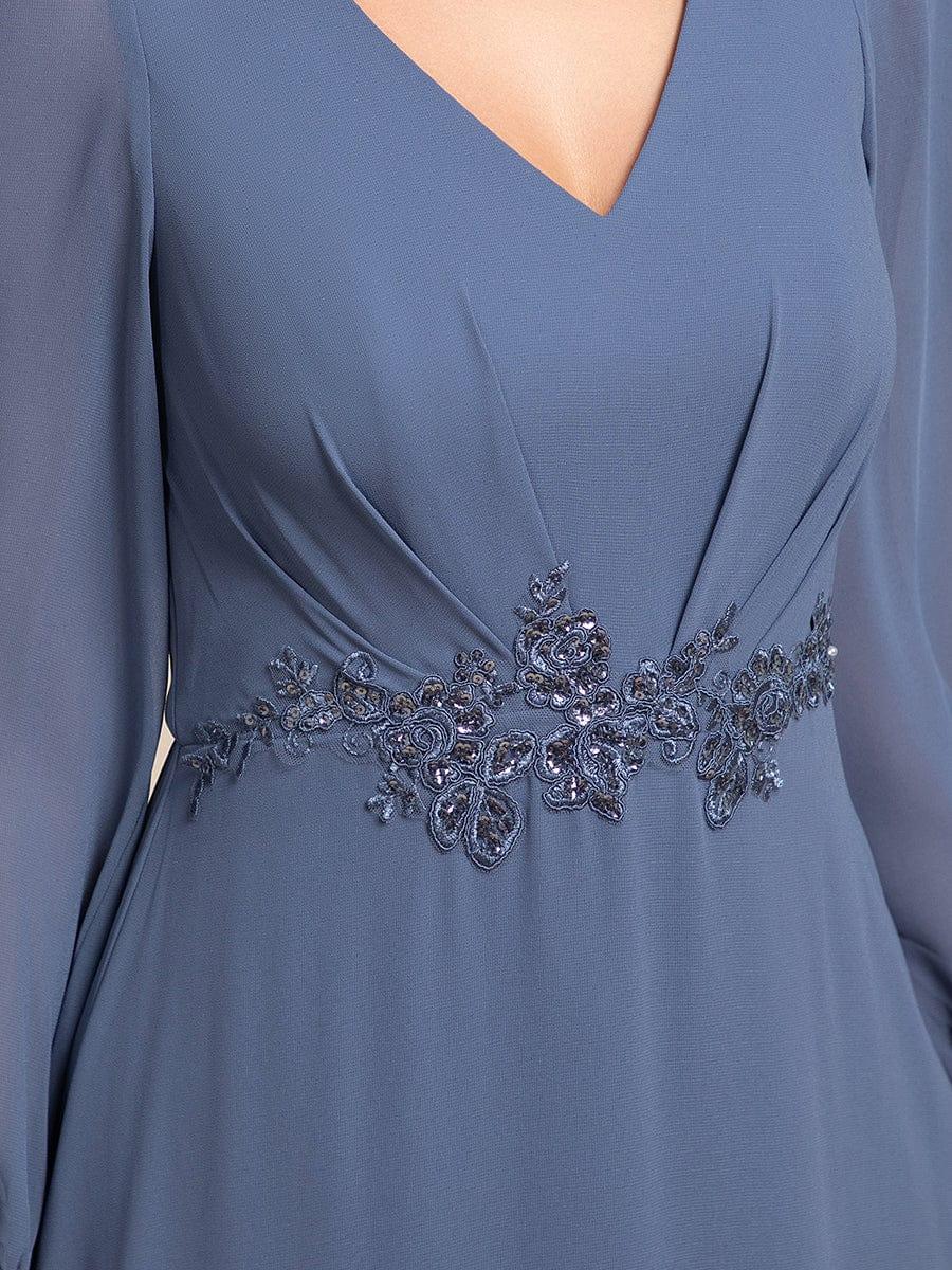 Long Lantern Sleeves Waist Applique Chiffon Formal Evening Dress #color_Dusty Blue