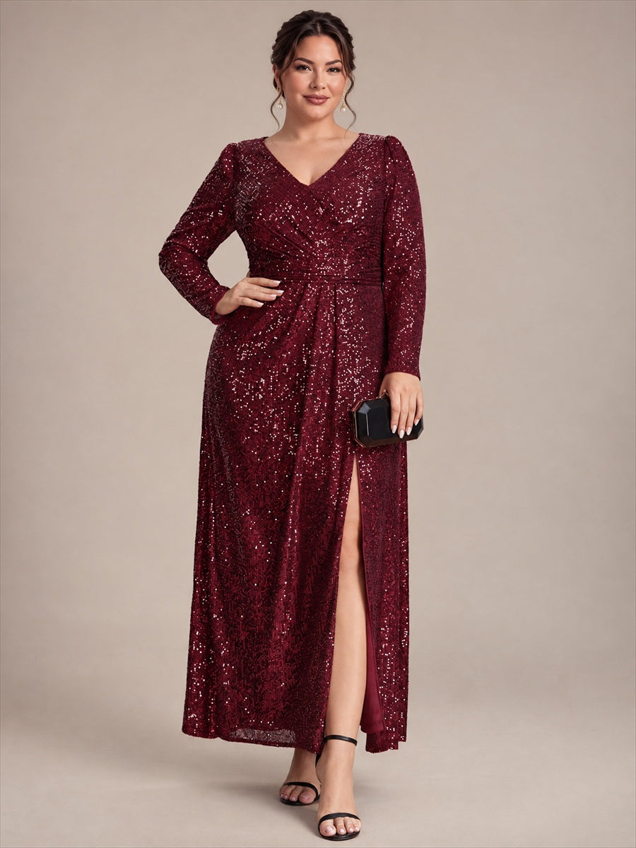 Sequins Fitted Long Sleeve Sheath Evening Dress #color_Burgundy