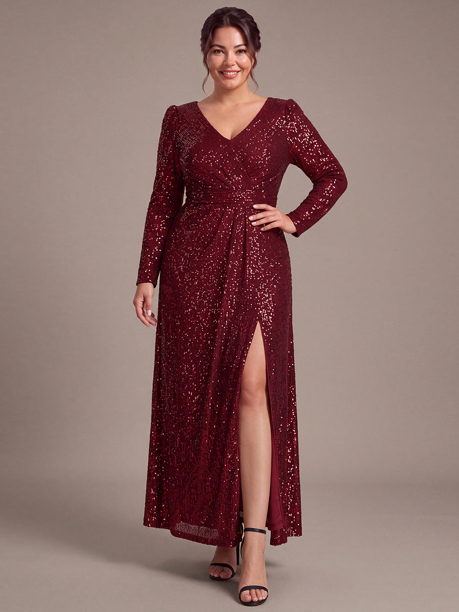 Sequins Fitted Long Sleeve Sheath Evening Dress #color_Burgundy