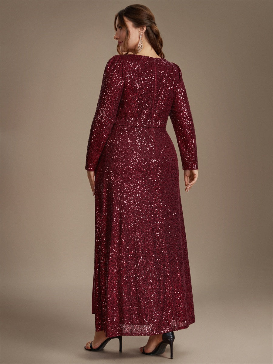 Plus Size Sequins Fitted Long Sleeve Evening Dress #color_Burgundy