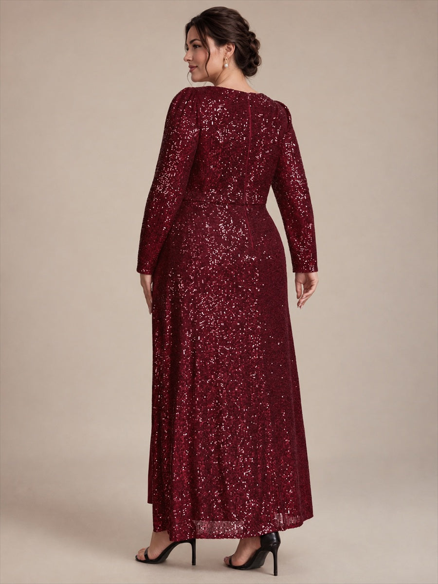Plus Size Sequins Fitted Long Sleeve Evening Dress #color_Burgundy