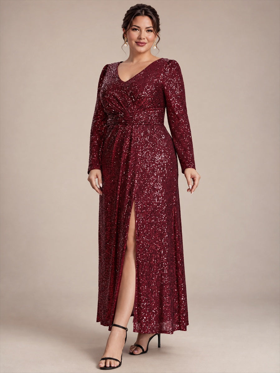Plus Size Sequins Fitted Long Sleeve Evening Dress #color_Burgundy