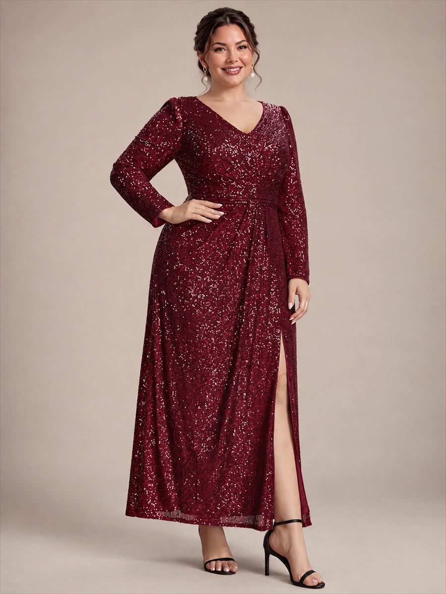 Sequins Fitted Long Sleeve Sheath Evening Dress #color_Burgundy