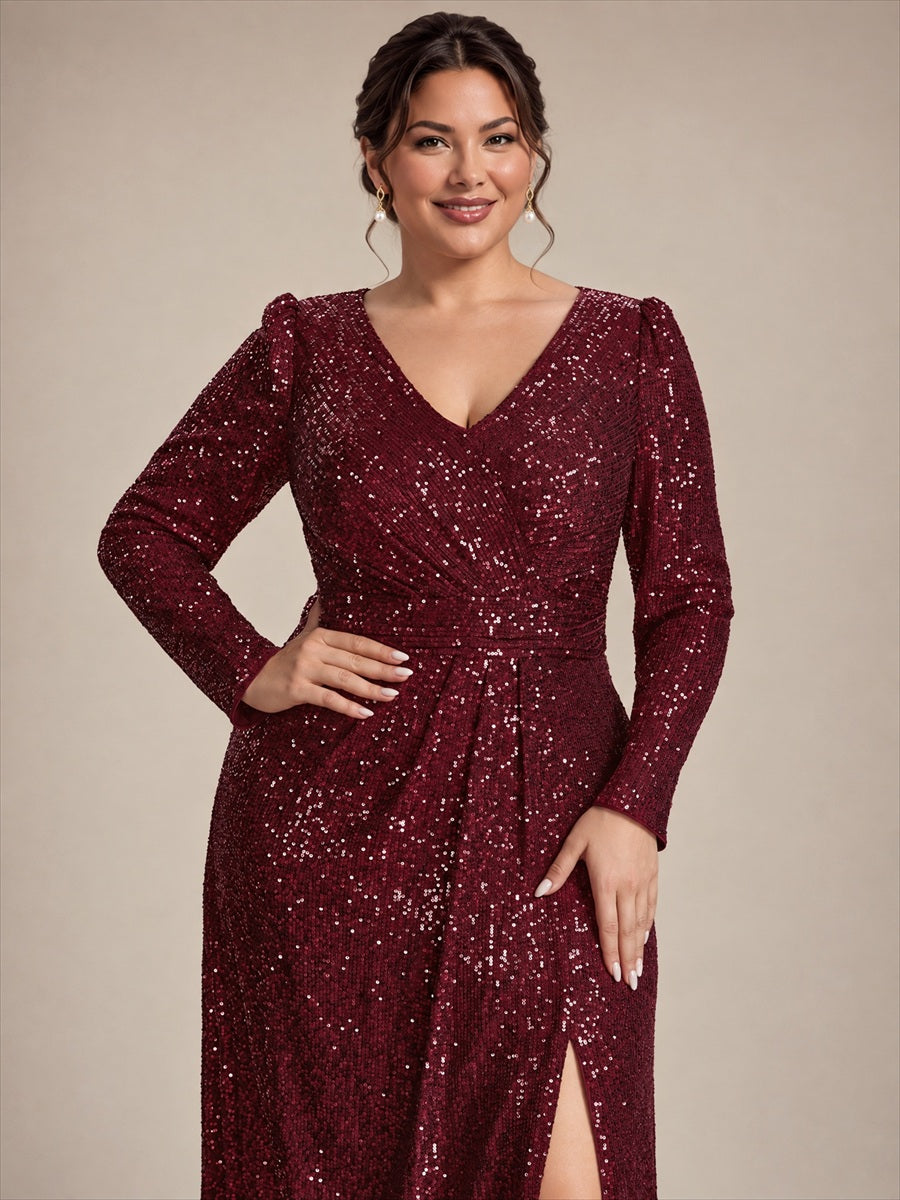 Sequins Fitted Long Sleeve Sheath Evening Dress #color_Burgundy