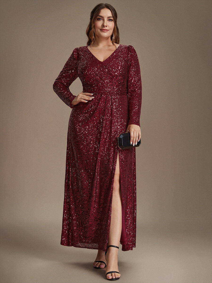 Plus Size Sequins Fitted Long Sleeve Evening Dress #color_Burgundy
