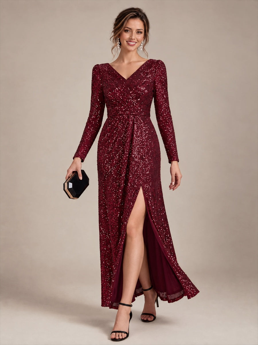 Sequins Fitted Long Sleeve Sheath Evening Dress #color_Burgundy