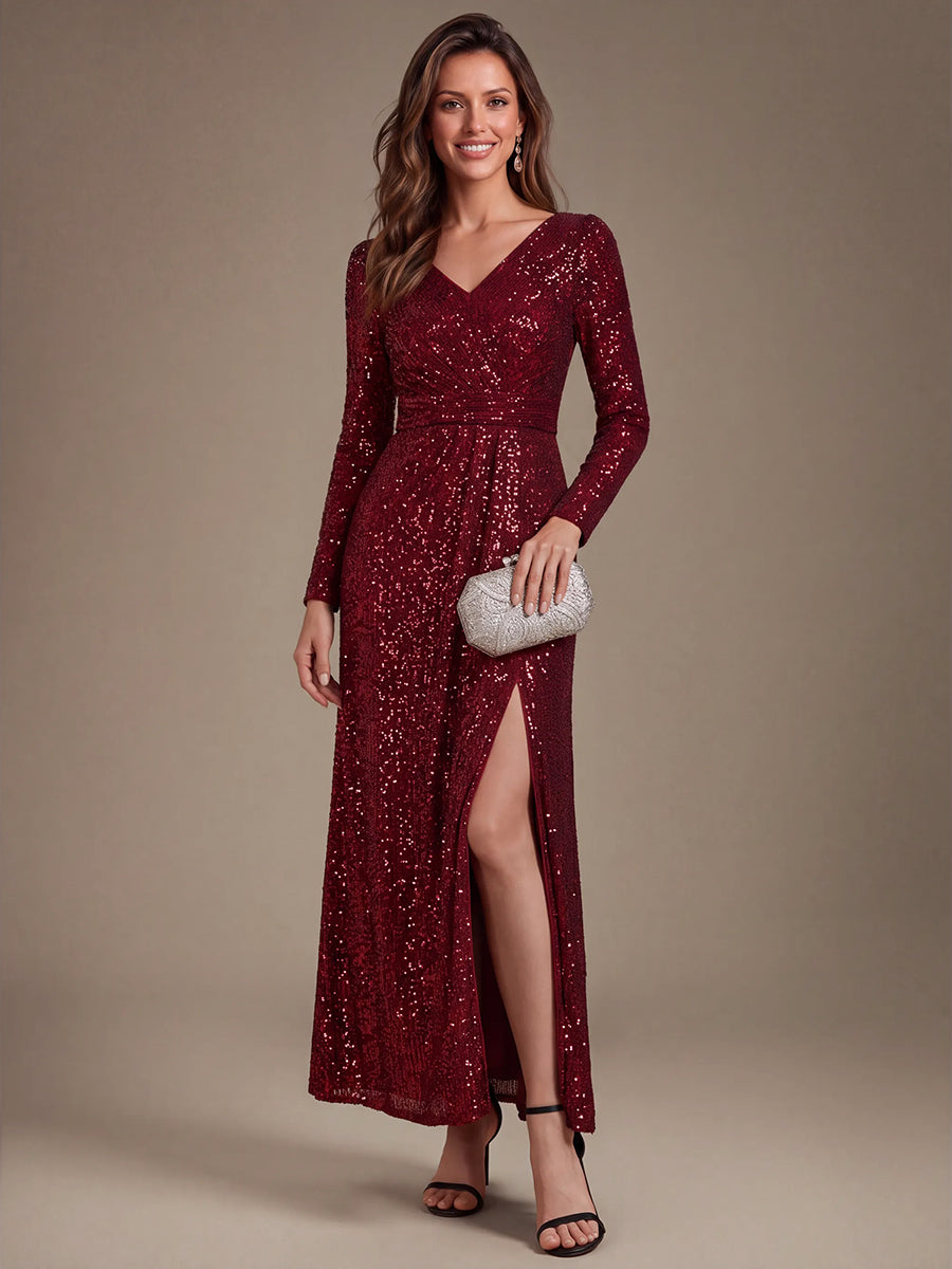 Sequins Fitted Long Sleeve Sheath Evening Dress #color_Burgundy
