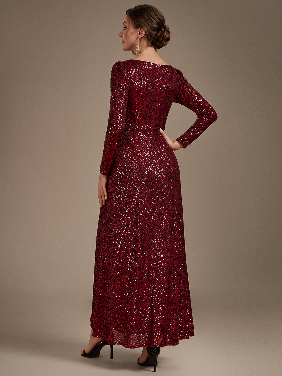 Sequins Fitted Long Sleeve Sheath Evening Dress #color_Burgundy