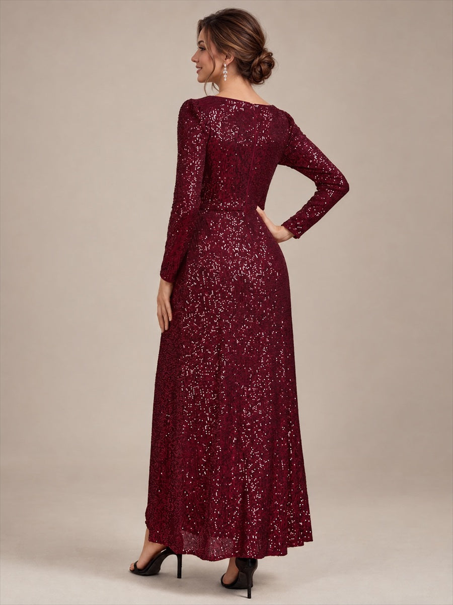 Sequins Fitted Long Sleeve Sheath Evening Dress #color_Burgundy